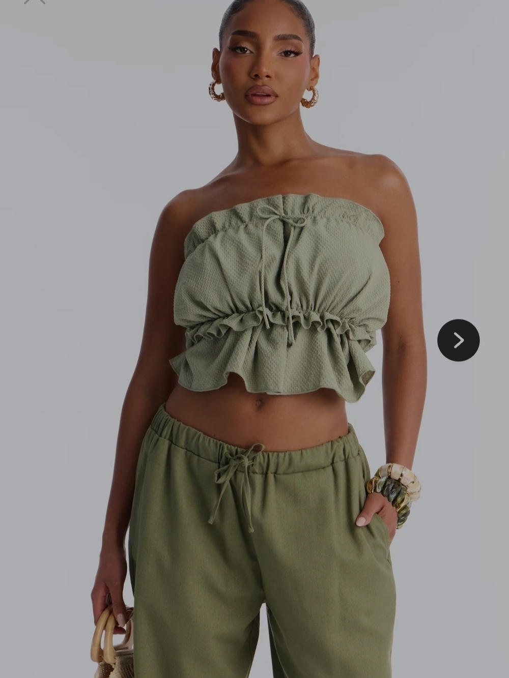 Smocked Ruffle Strapless Crop Top in Sage Green